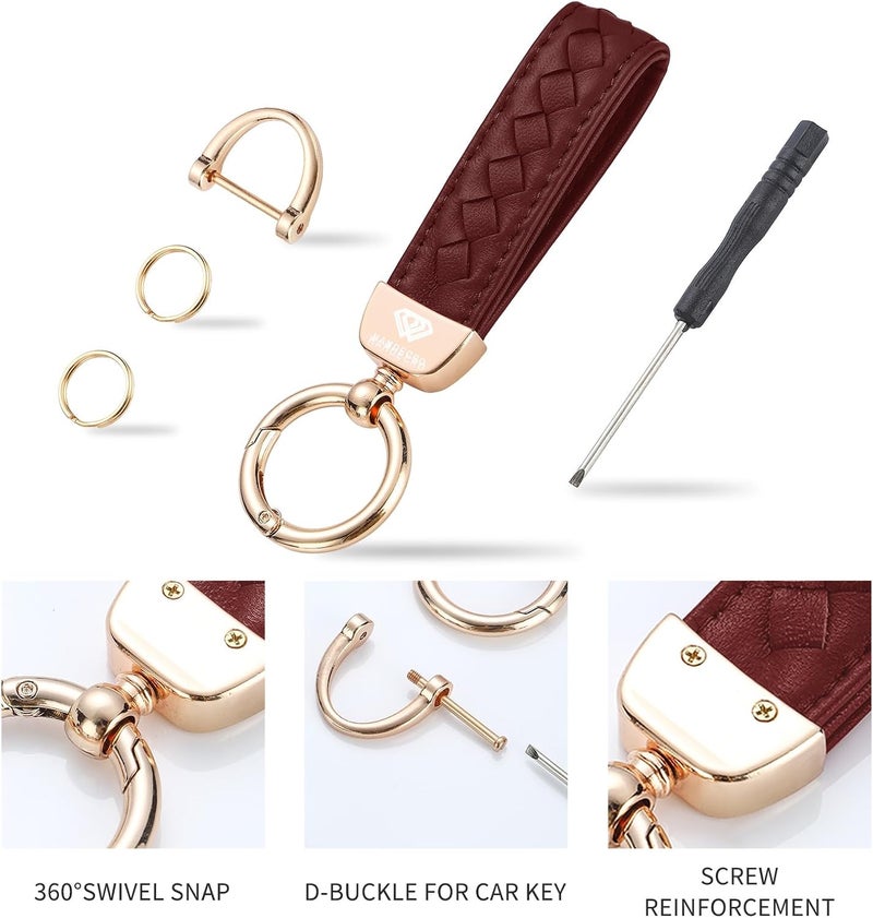 Hamdecro Store Genuine Leather Car Keychain, Handmade Knit Sheepskin Key chains for Women, Universal Key Fob Holder with 360 Degree Rotatable, Anti-Lost D-Ring, 2 Keyrings and 1 Screwdriver – Wine Red - Image 3